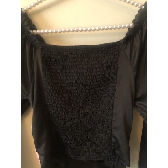 NWT Crave Fame Size M Black Blouse Long Balloon Sleeve Ruching Cropped Boho - Picture 4 of 6